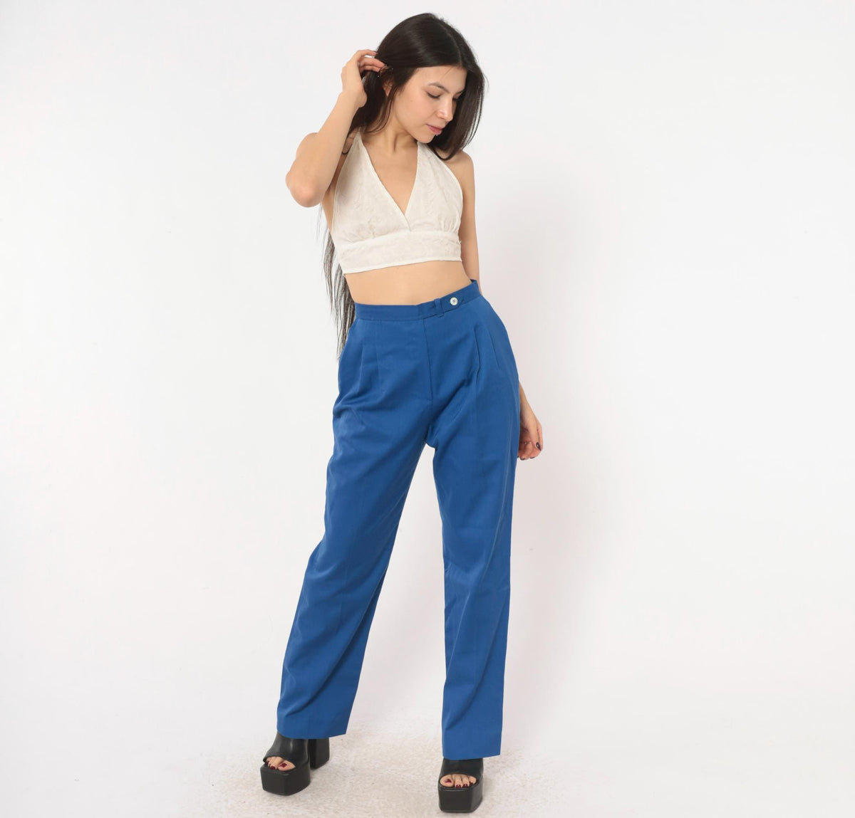 70s Evan-Picone Cobalt High-Waist Pleated Trousers Straight Leg Small S