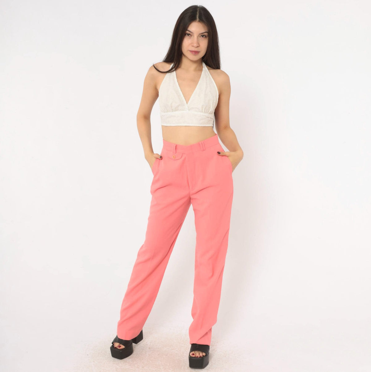 70s Funny Girl Peach High-Waist Straight Trousers Pleated Front Small