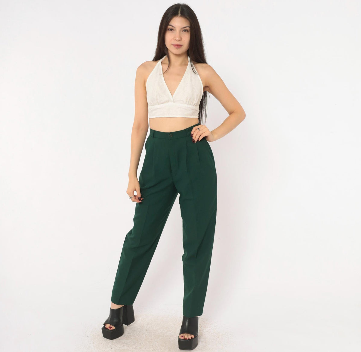 80s La Donna Forest Green Pleated High-Waist Trousers Tapered Leg Extra Small