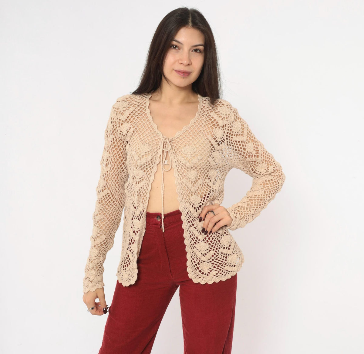 90s Beige Crochet Cardigan Floral Openwork Knit Small S