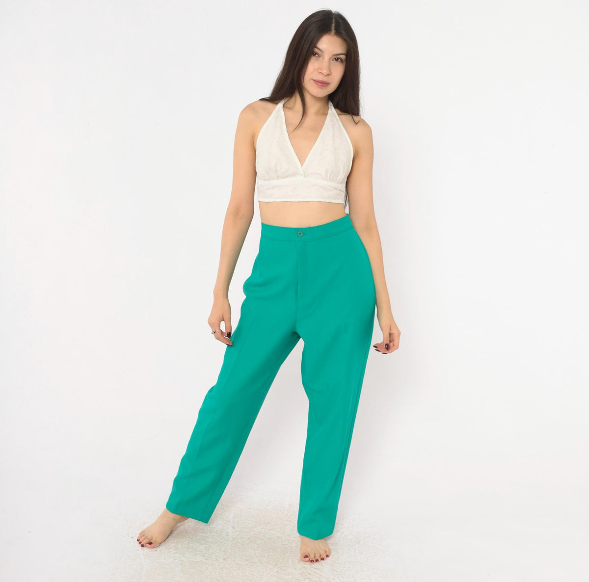 70s Bend Over Teal High Waist Straight Leg Trousers Petite Large