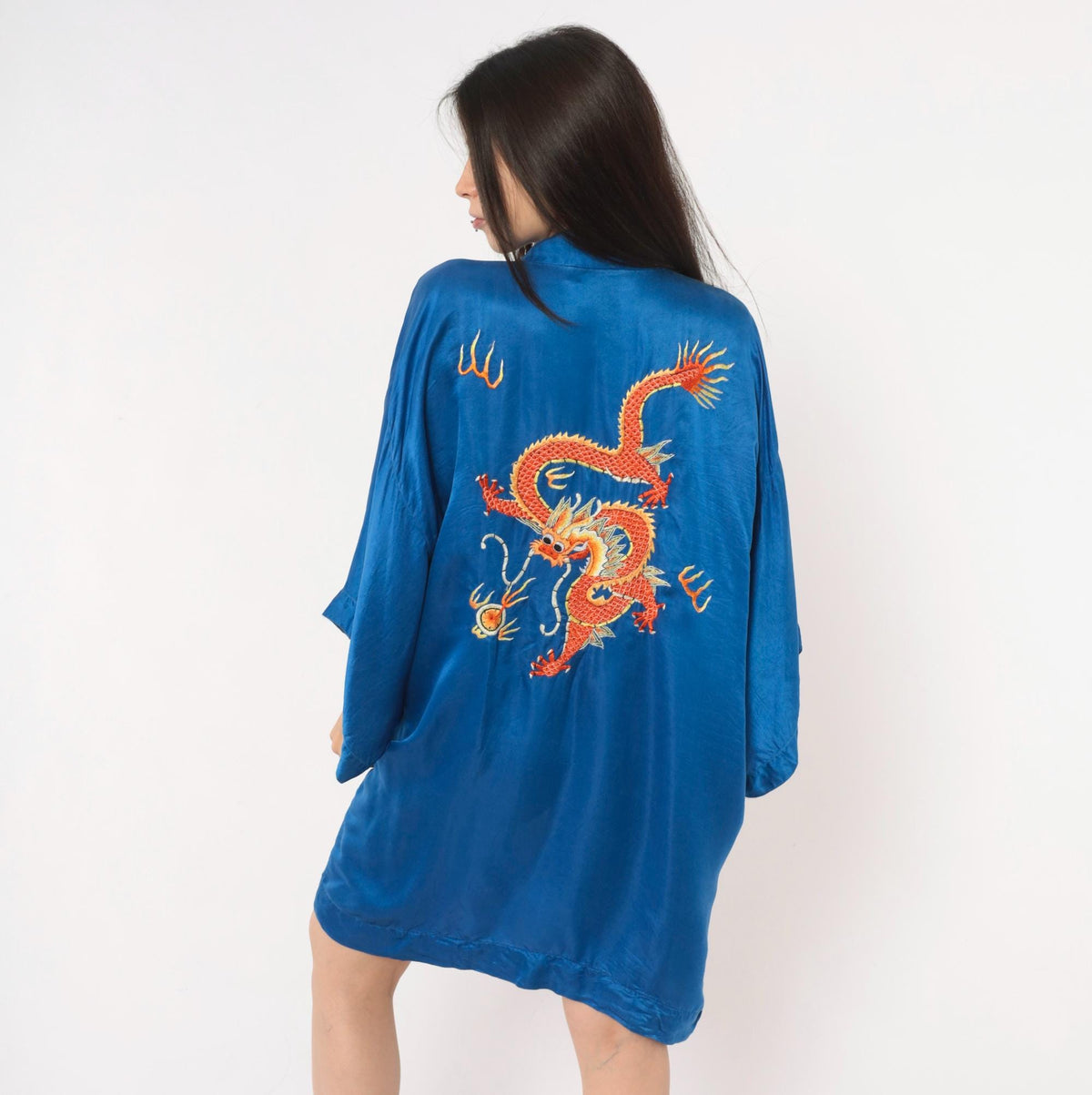 90s Golden Deer Silk Kimono Robe Cobalt Blue Dragon Embroidered Medium