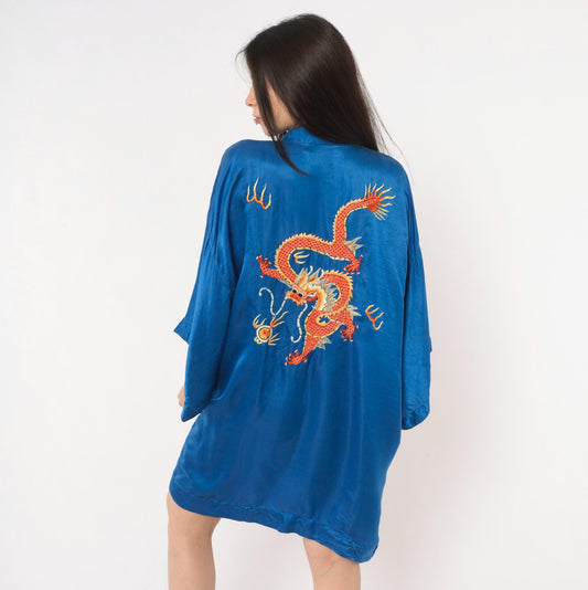 90s Golden Deer Silk Kimono Robe Cobalt Blue Dragon Embroidered Medium