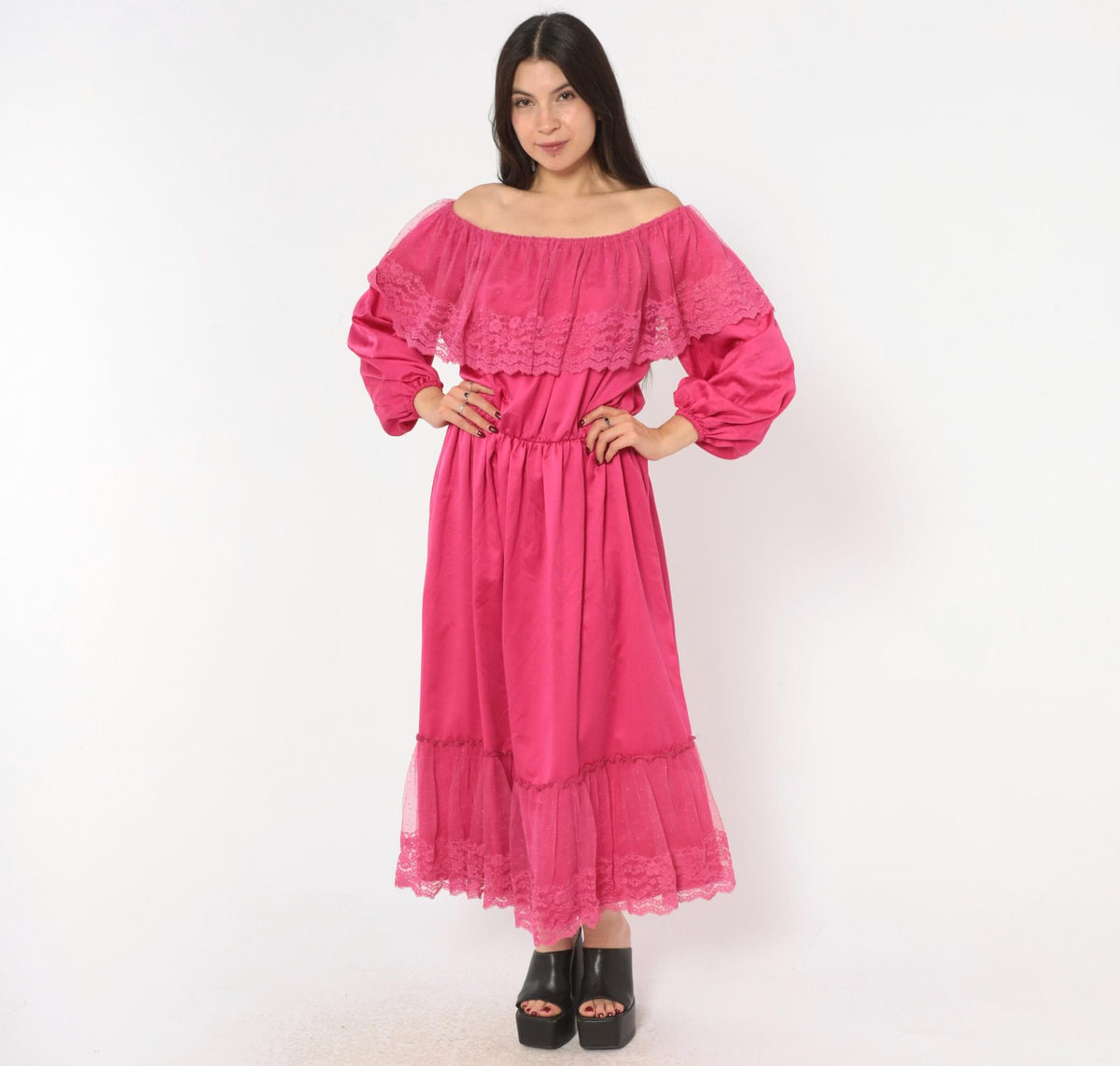 80s Hot Pink Off-Shoulder Midi Dress Lace Ruffle Balloon Sleeve Medium M