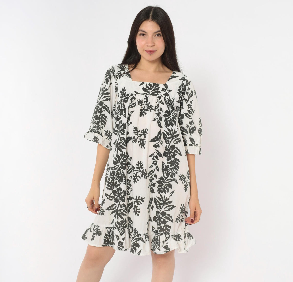 90s Nani Liberty House Hawaiian Floral Square Neck Puff Sleeve Dress Black White Small S