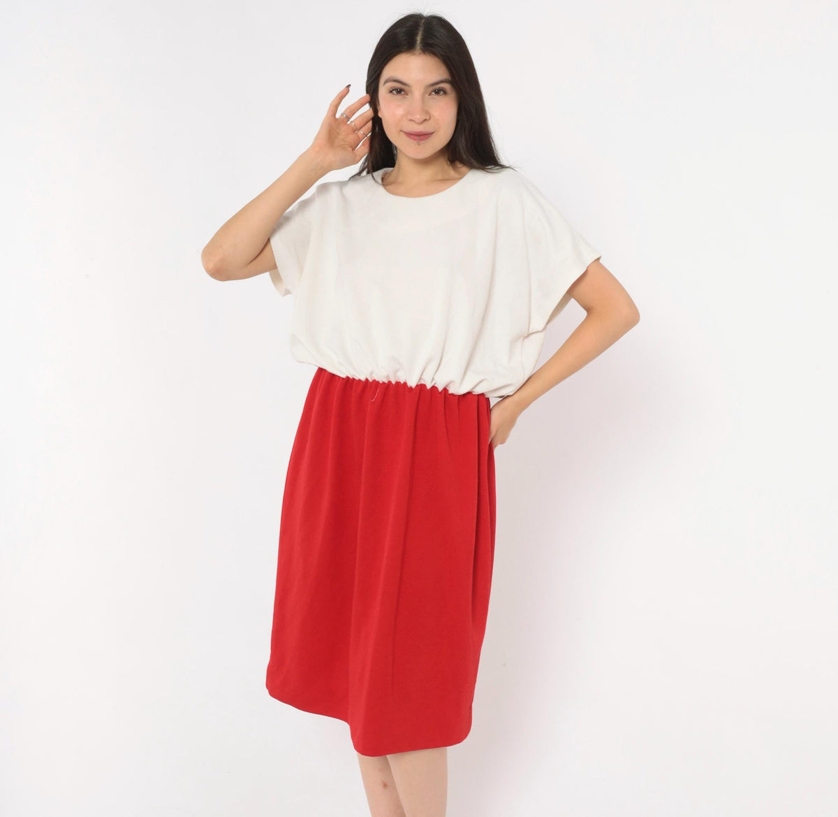 80s Leslie Fay Colorblock Dress White Red Gathered Waist Knee-Length Plus Size 1X