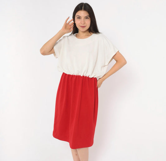 80s Leslie Fay Colorblock Dress White Red Gathered Waist Knee-Length Plus Size 1X