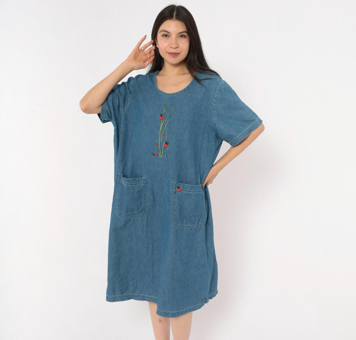 90s Blair Ladybug Embroidered Denim Shift Dress Blue Knee-Length Extra Large