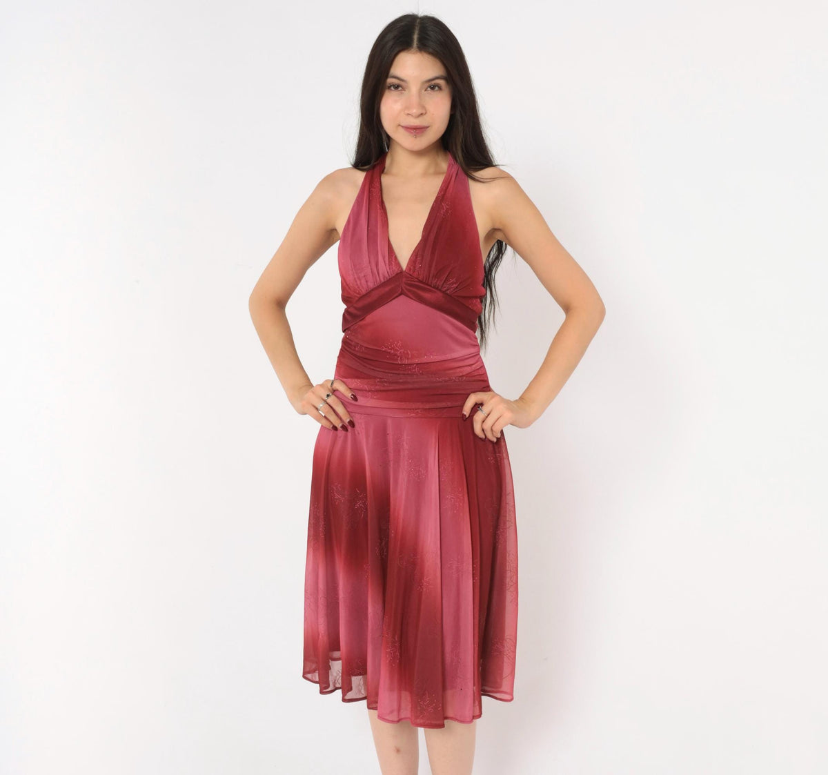 00s Fanny Fashion Burgundy Ombre Halter Dress Deep V Neck Mesh Floral Glitter Small