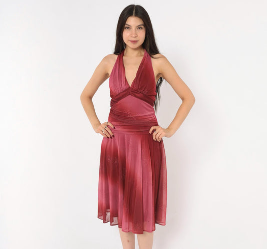 00s Fanny Fashion Burgundy Ombre Halter Dress Deep V Neck Mesh Floral Glitter Small