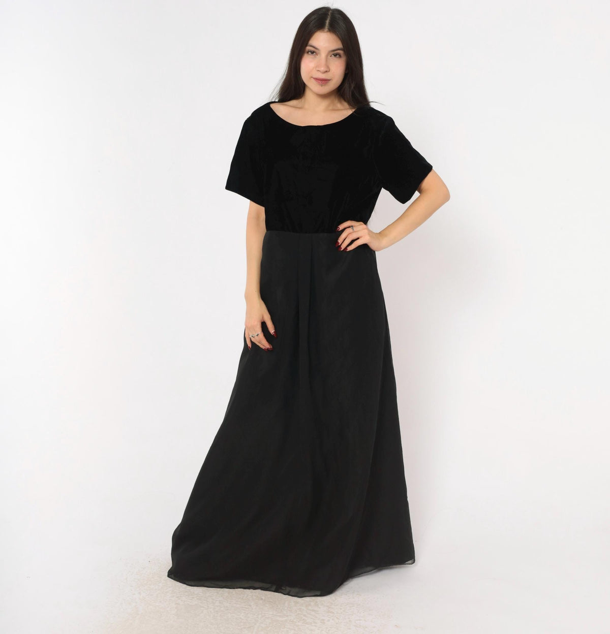 90s Stage Black Velvet Bodice Maxi Gown Chiffon Empire Waist Plus Size XXL