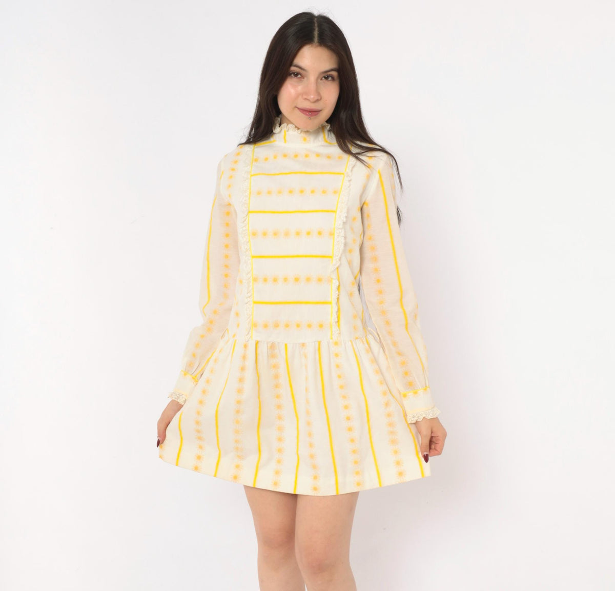 60s Miss Brent Daisy Stripe Mini Dress Yellow Cream Lace High Neck Long Sleeve Extra Small
