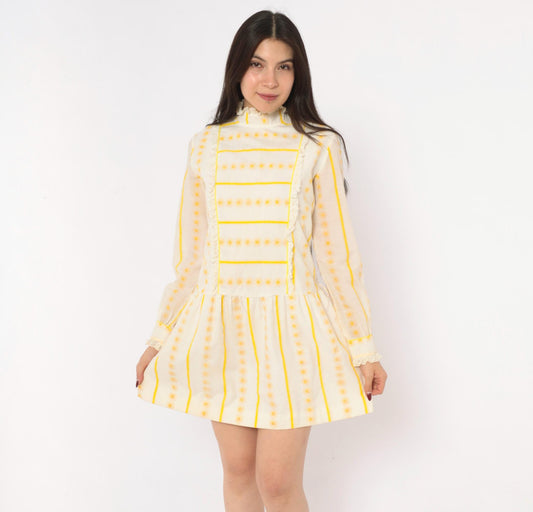 60s Miss Brent Daisy Stripe Mini Dress Yellow Cream Lace High Neck Long Sleeve Extra Small