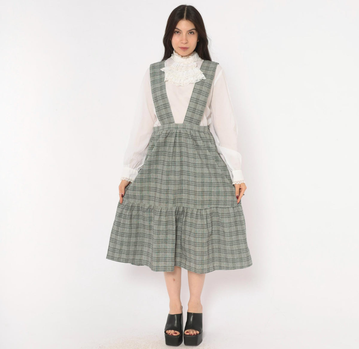 90s Grey Glen Plaid Pinafore Dress V-Neck Suspender Straps Tiered Ruffle Medium M