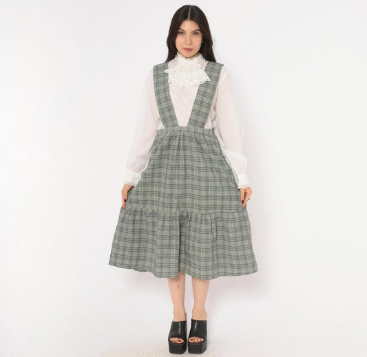 90s Grey Glen Plaid Pinafore Dress V-Neck Suspender Straps Tiered Ruffle Medium M