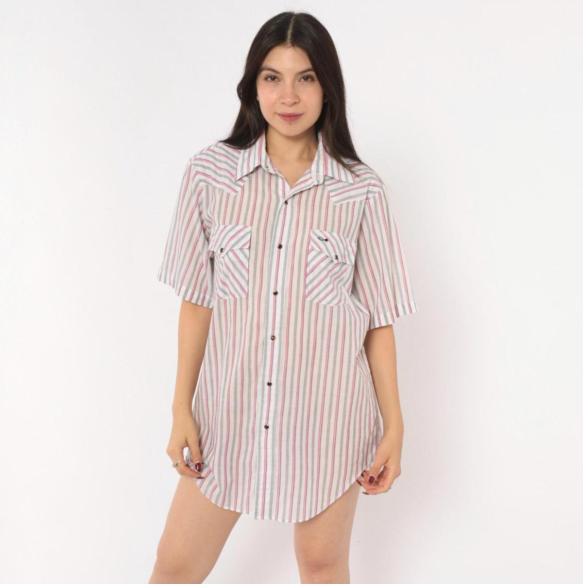 90s Silver Spur Western Snap Shirt Striped Pink Grey White Cotton Medium