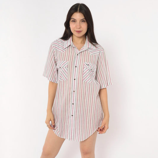 90s Silver Spur Western Snap Shirt Striped Pink Grey White Cotton Medium