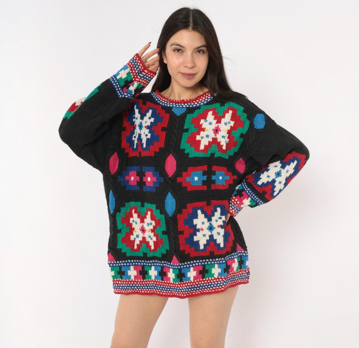 90s Hunter's Run Southwestern Patchwork Beaded Knit Pullover Black Small
