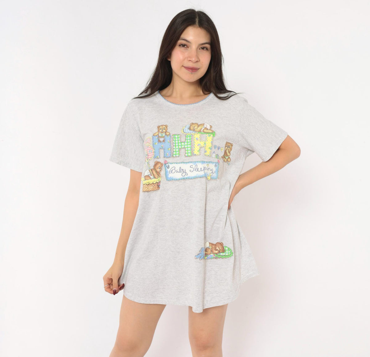 90s New Addition Maternity Sleep Shirt Grey Teddy Bear Graphic Medium