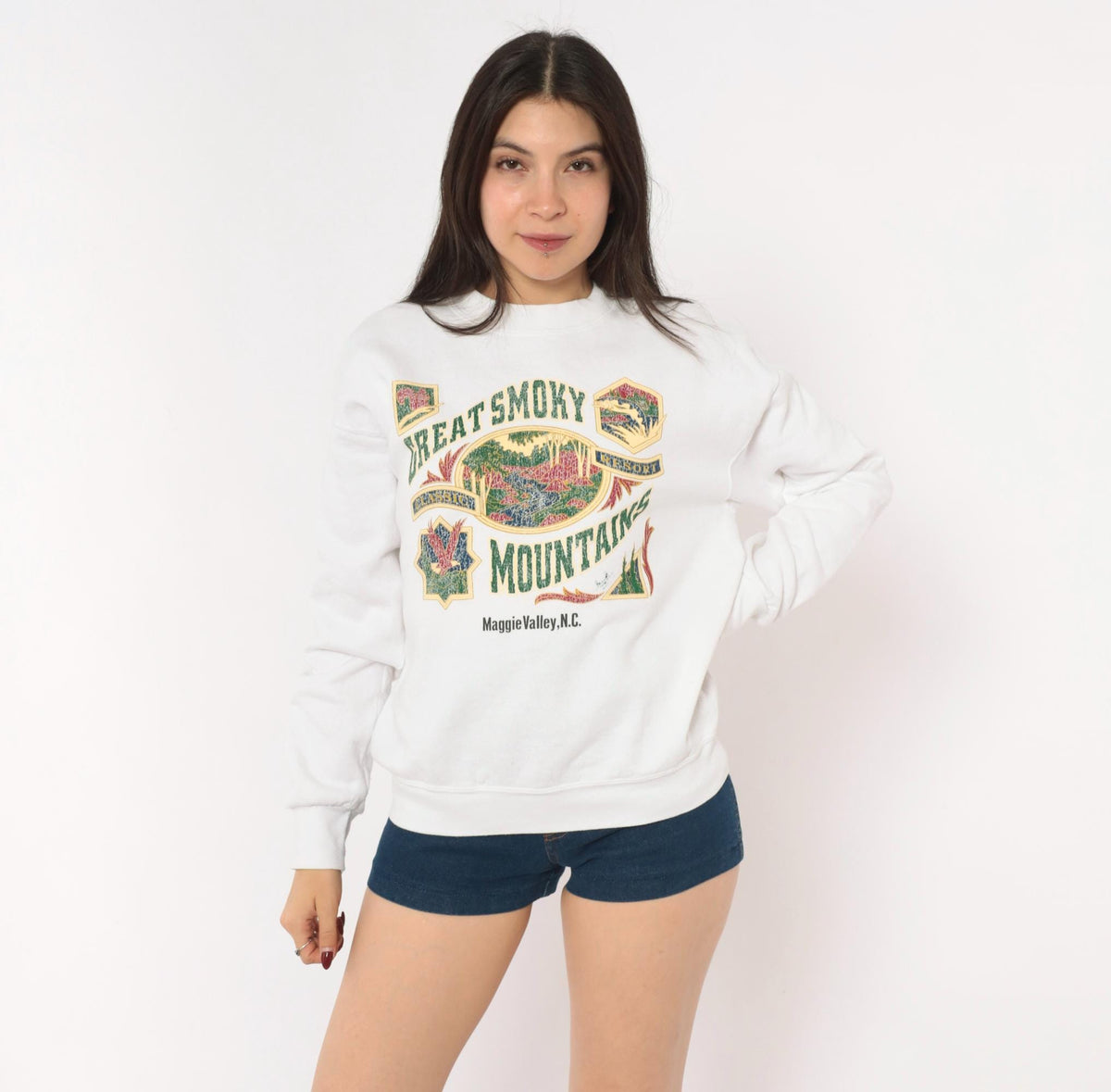 90s Great Smoky Mountains Fruit Of The Loom Crewneck Sweatshirt White Medium M