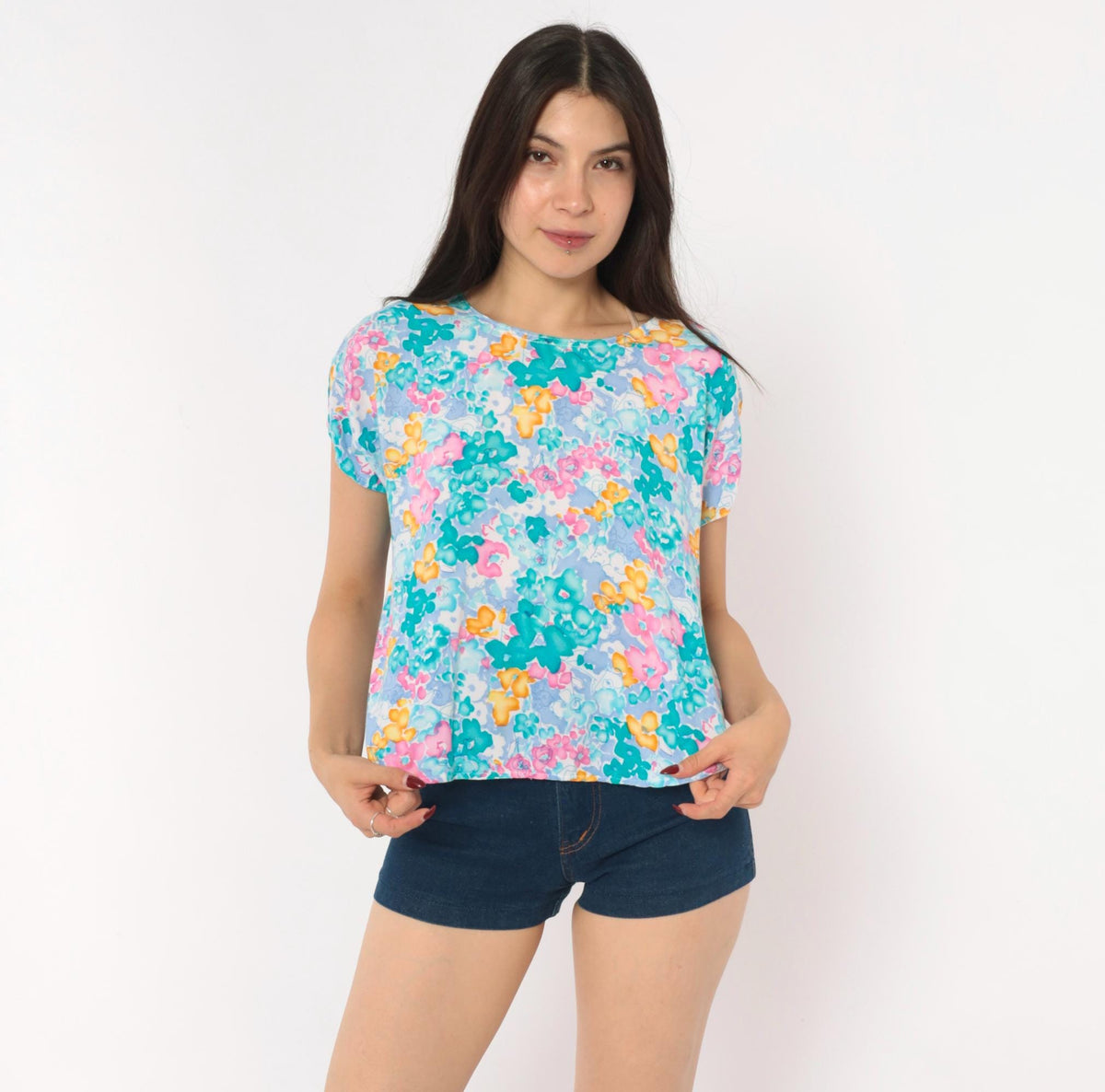 80s Watercolor Floral Crop Top Teal Pink Periwinkle Cap Sleeve Medium