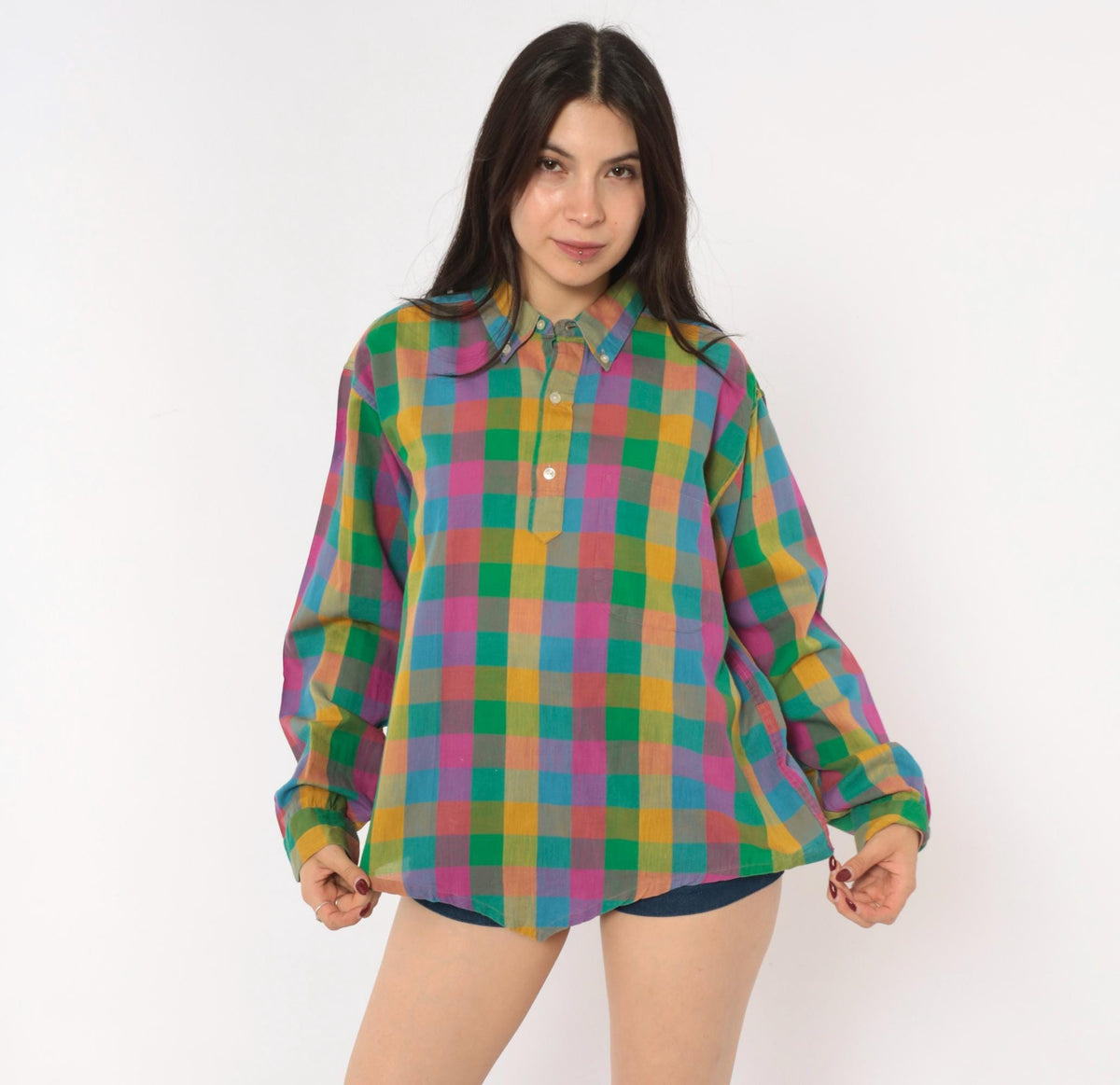 70s Career Club Madras Plaid Button-Down Shirt Multicolor Gingham Large L