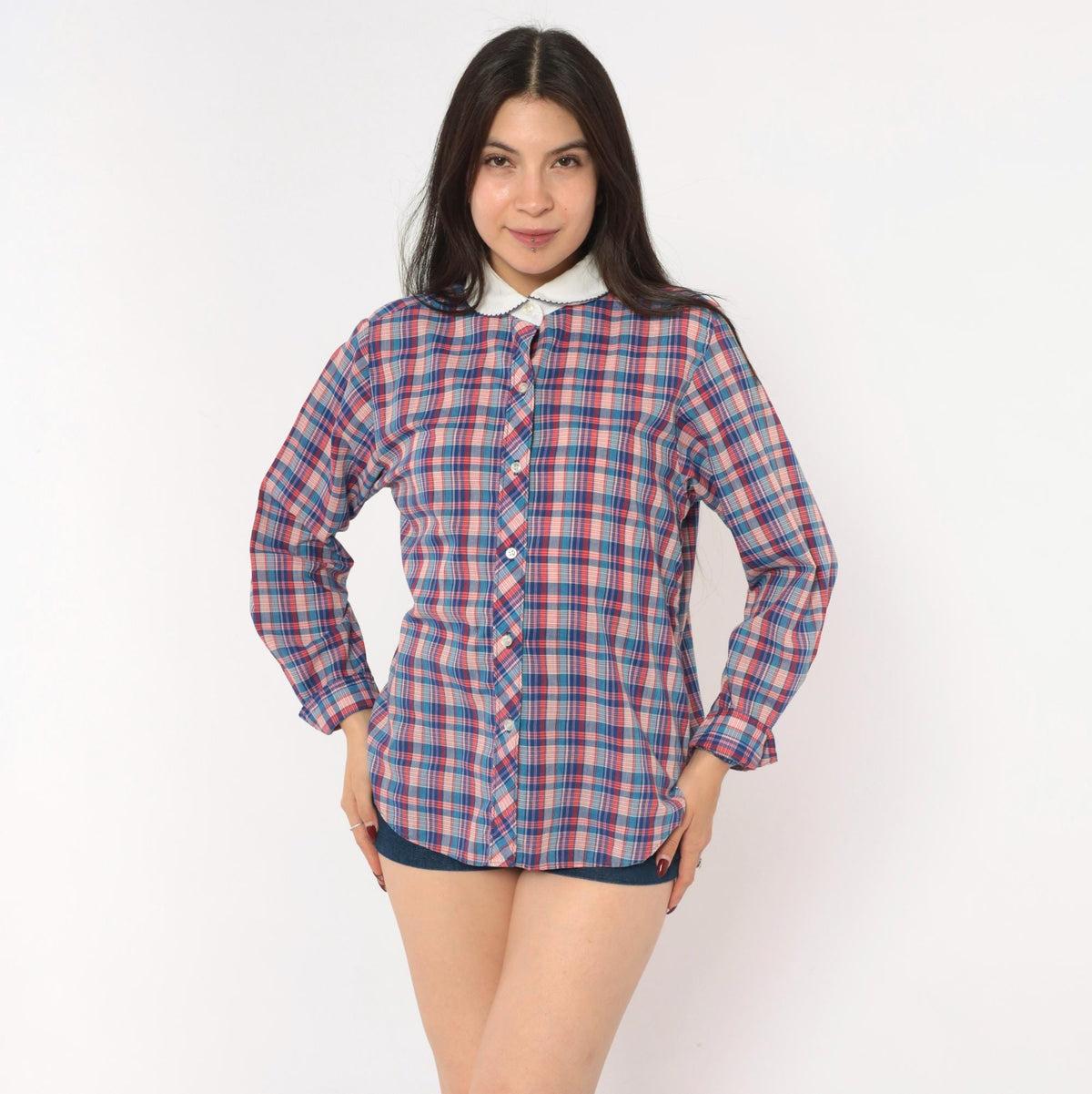 80s Oak Hill Plaid Peter Pan Collar Button Blouse Blue Red White Medium