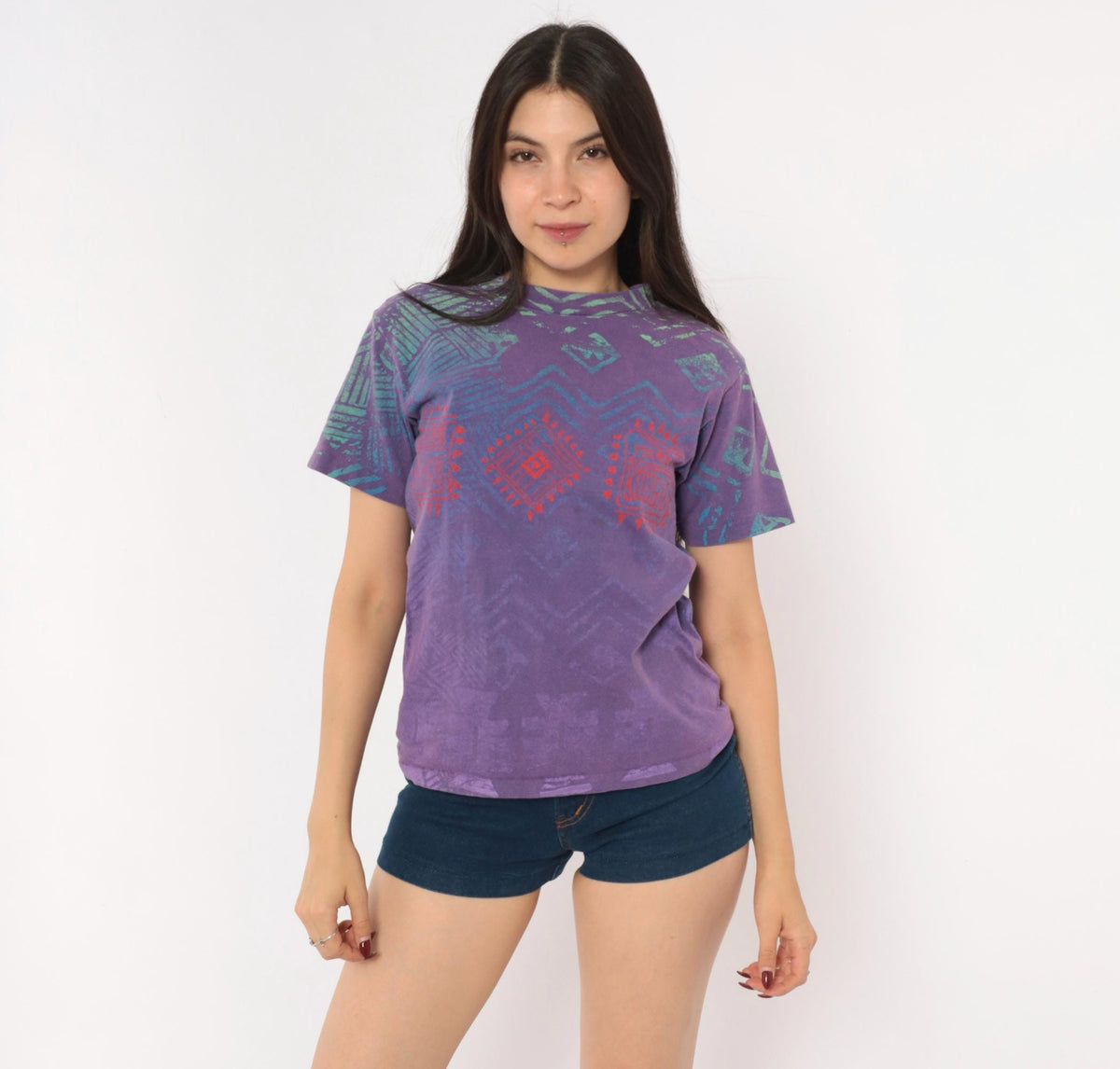 90s Morey Boogie All Over Print Tee Purple Teal Geometric Tribal Cotton XS