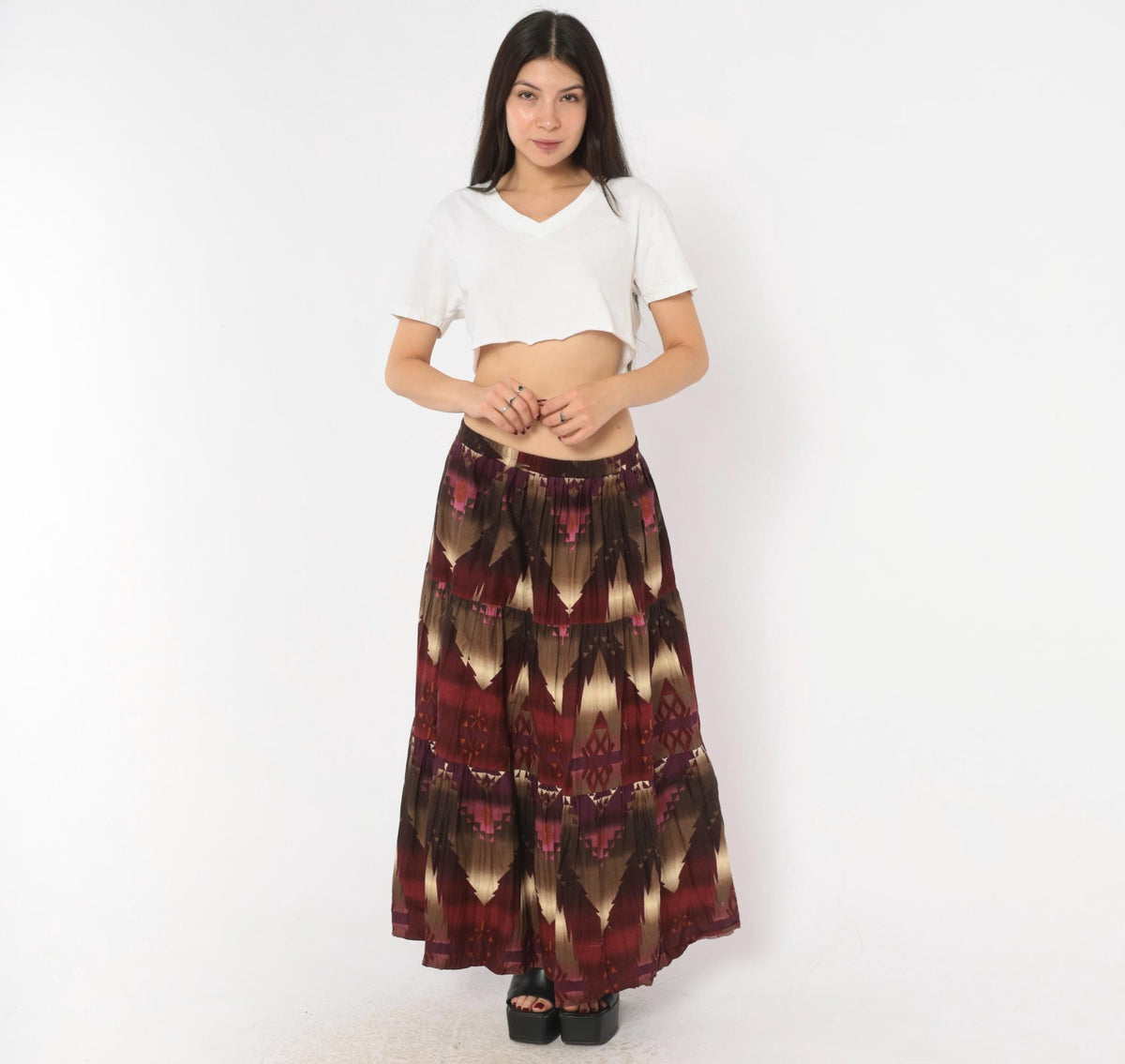 90s Circle T Southwestern Maxi Skirt Geometric Print Burgundy Cotton Medium