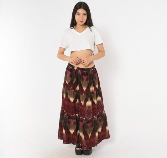 90s Circle T Southwestern Maxi Skirt Geometric Print Burgundy Cotton Medium