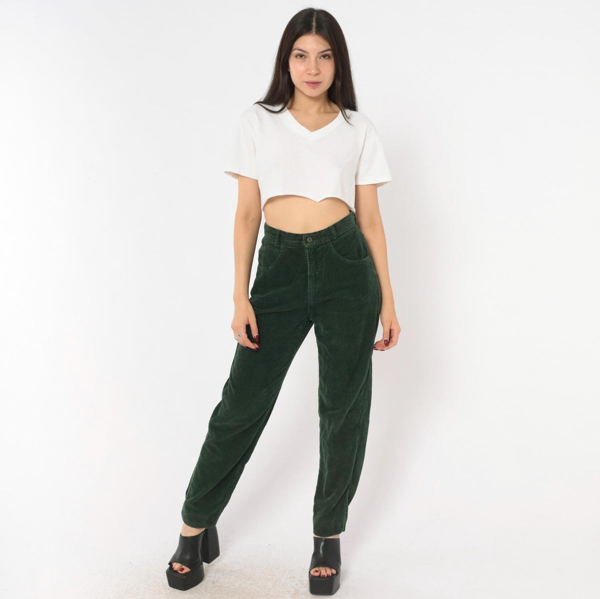 Benetton Emerald Corduroy High-Waist Pants 80s Forest Green Cotton Trousers XS