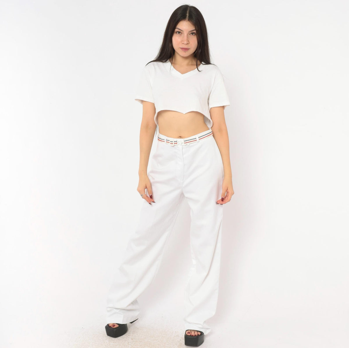 70s MMJ White Wide Leg Trousers Striped Belt High Rise Small S