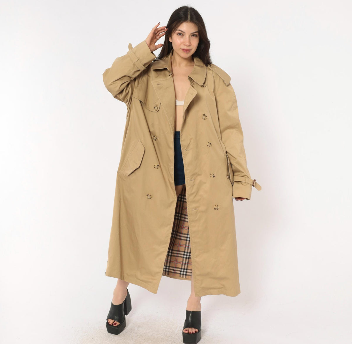 80s Tan Trench Coat Double Breasted Nova Check Lining Mens Medium
