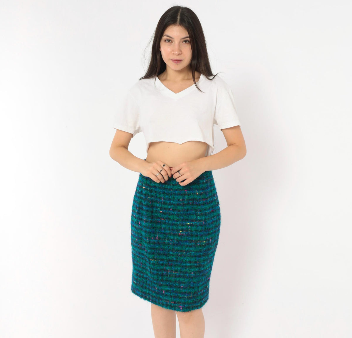 2000s Jones New York Teal Bouclé Pencil Skirt Wool Mohair Knee Length Small