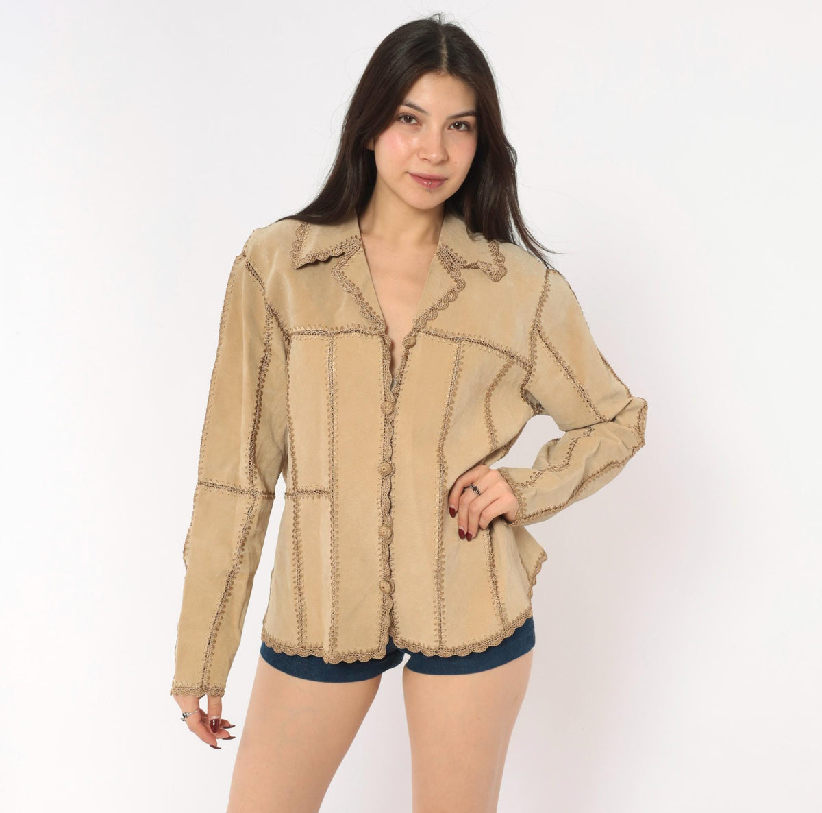 2000s Tan Suede Patchwork Jacket Crochet Trim Button Front Medium