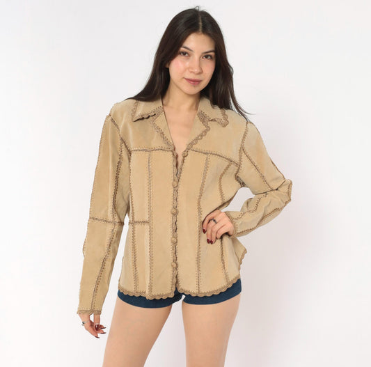 2000s Tan Suede Patchwork Jacket Crochet Trim Button Front Medium