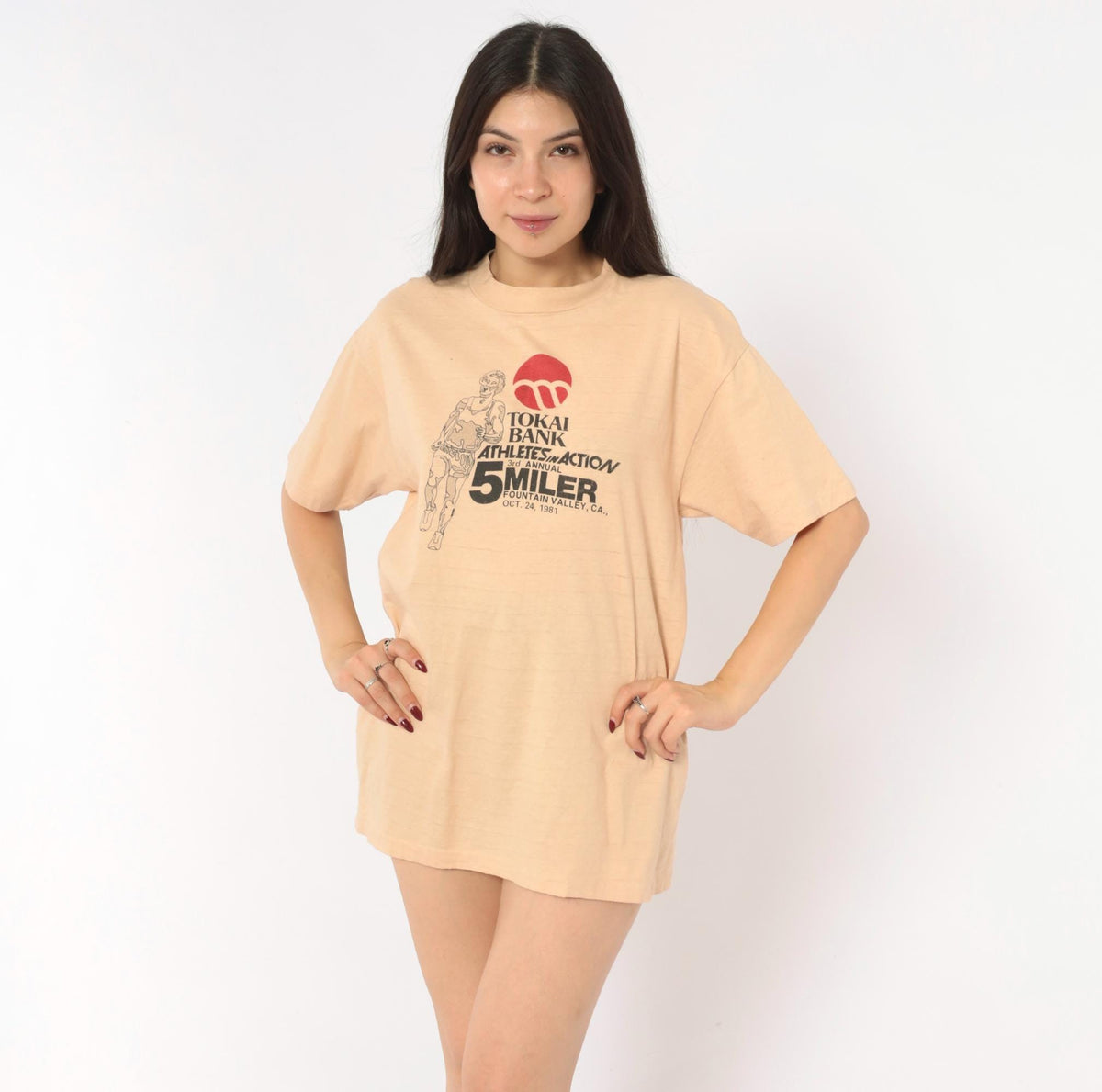 80s Hanes Beefy-T 1981 Fountain Valley 5 Miler Race Tee Peach Graphic Large L