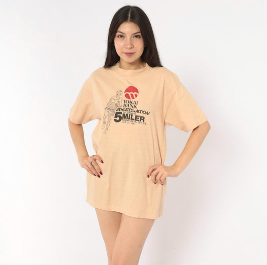 80s Hanes Beefy-T 1981 Fountain Valley 5 Miler Race Tee Peach Graphic Large L