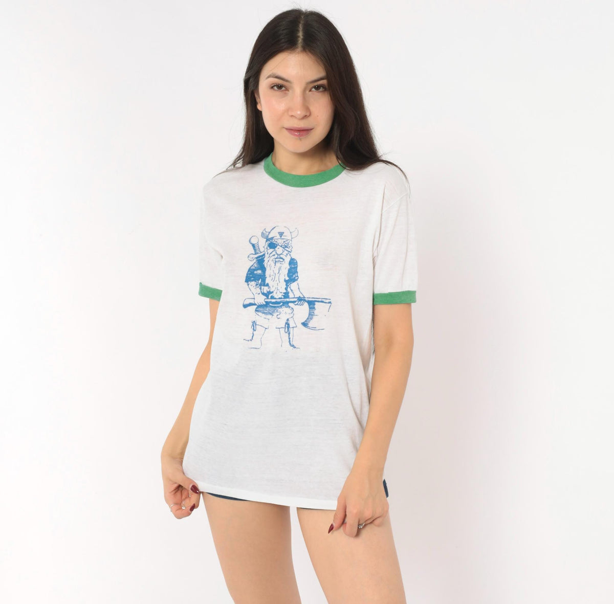 80s Sport-T Viking Ringer Tee White Green Trim Graphic Medium M