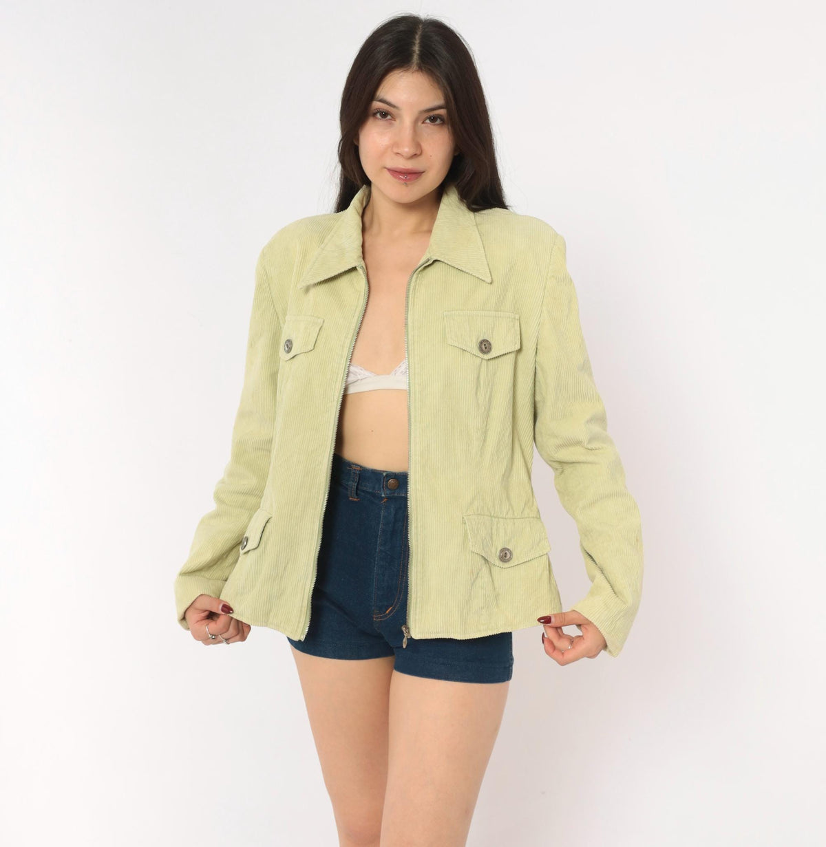 Y2K Rubbish Sage Corduroy Jacket Pointed Collar Four Pocket Mint Green Large L