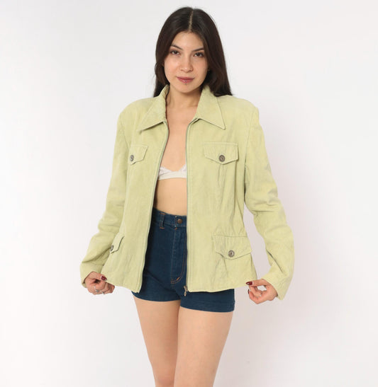 Y2K Rubbish Sage Corduroy Jacket Pointed Collar Four Pocket Mint Green Large L