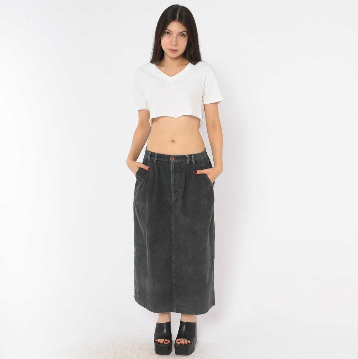 80s Gina Peters Charcoal Corduroy Midi Skirt Pleated High Waist Small