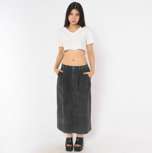 80s Gina Peters Charcoal Corduroy Midi Skirt Pleated High Waist Small