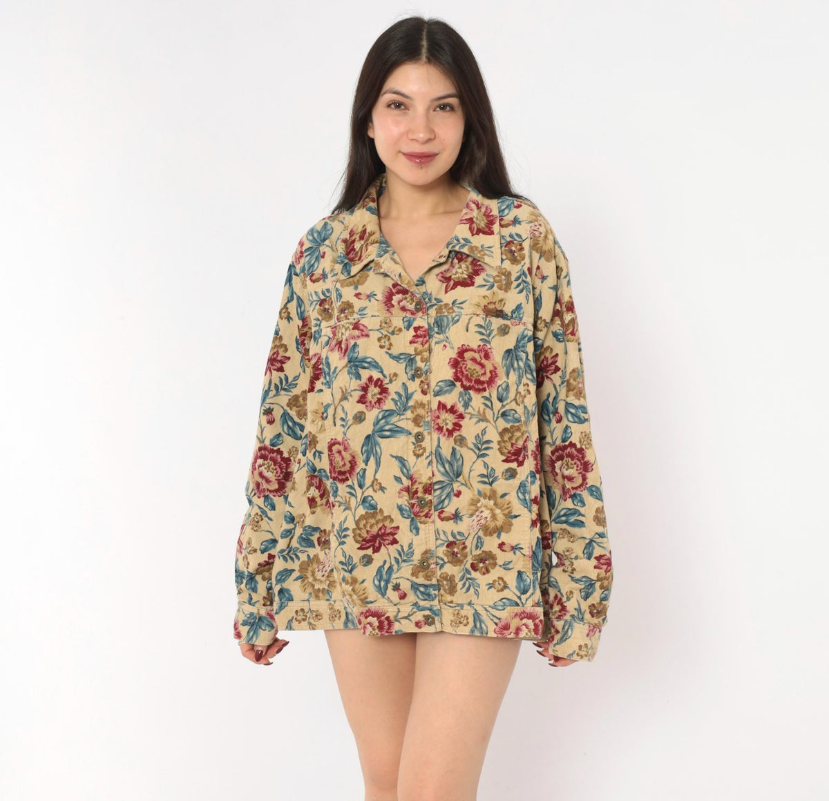 2000s Elisabeth Floral Corduroy Jacket Tan Botanical Button Front Plus Size 3X