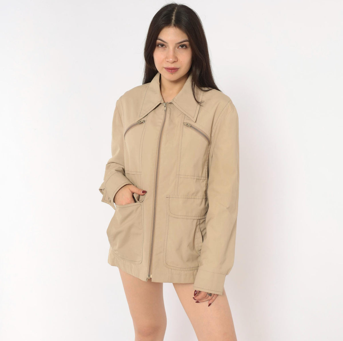 80s London Fog Tan Zip Jacket Utility Coat Multi Pocket Medium