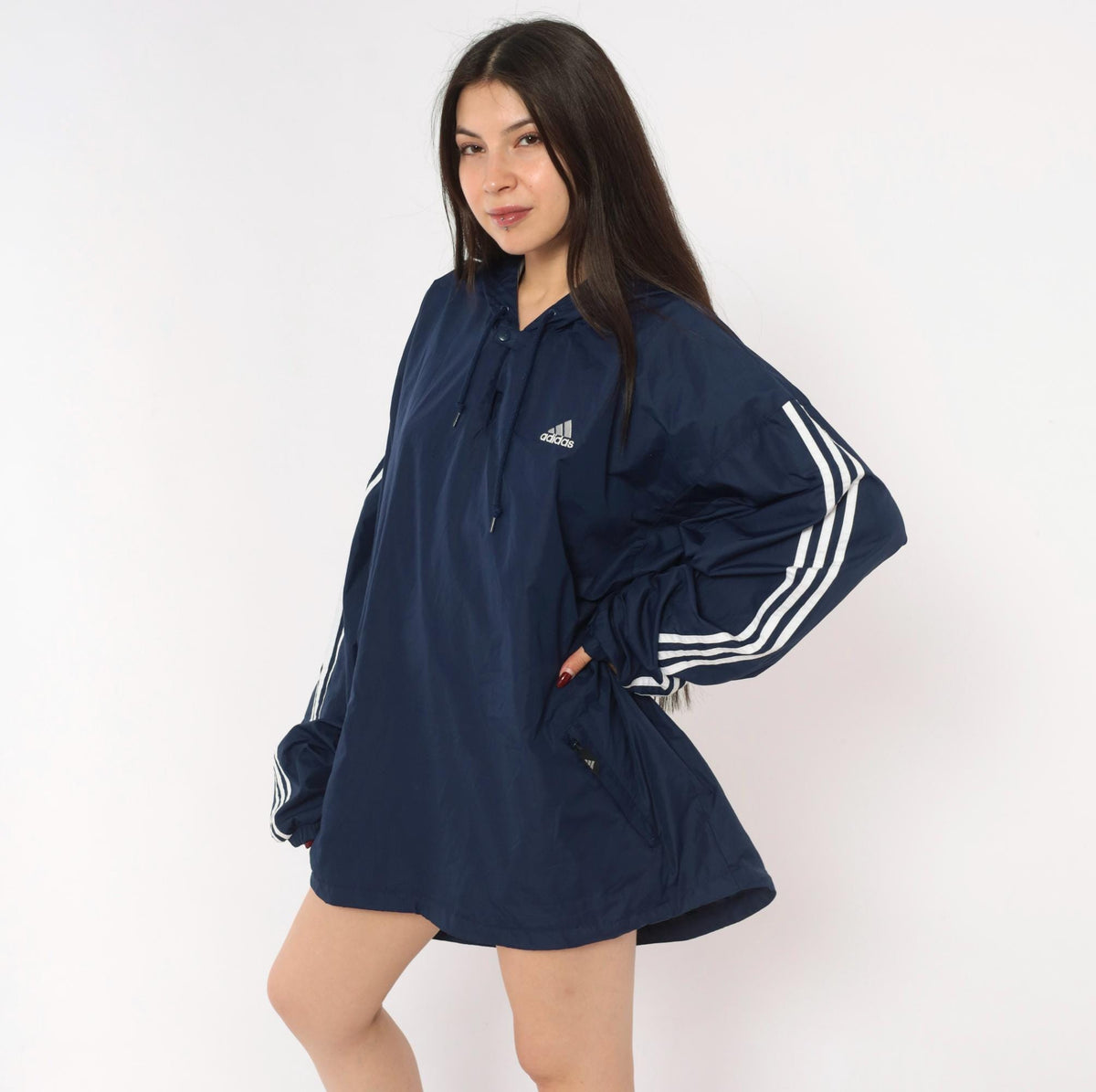 Y2K Adidas Navy Windbreaker Anorak Hooded Pullover White Stripe Extra Large XL