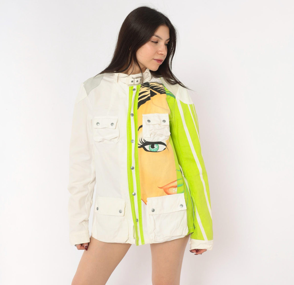 Y2K Custo Barcelona Pop Art Face Jacket White Lime Green Cotton Small S