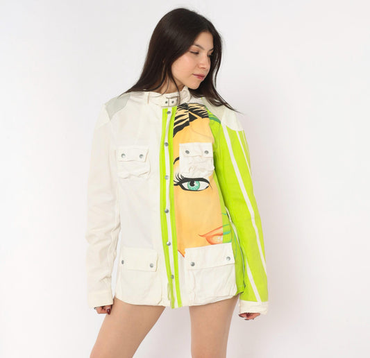 Y2K Custo Barcelona Pop Art Face Jacket White Lime Green Cotton Small S
