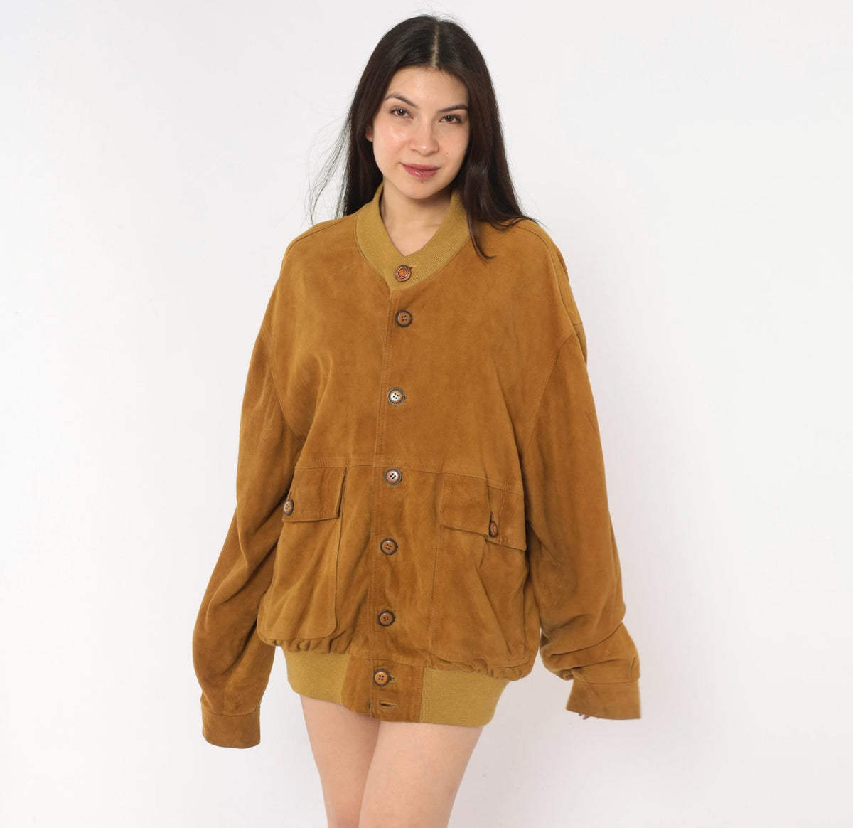 80s Rely Mustard Suede Bomber Jacket Knit Collar Button Front Medium