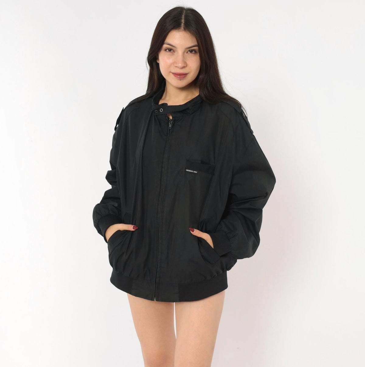 90s Members Only Bomber Jacket Black Nylon Stand Collar Extra Large XL